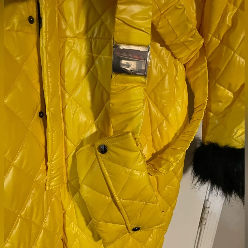 Belted Yellow Quilted Hooded Jumpsuit with Black Fur Trim - Picture 2 of 7